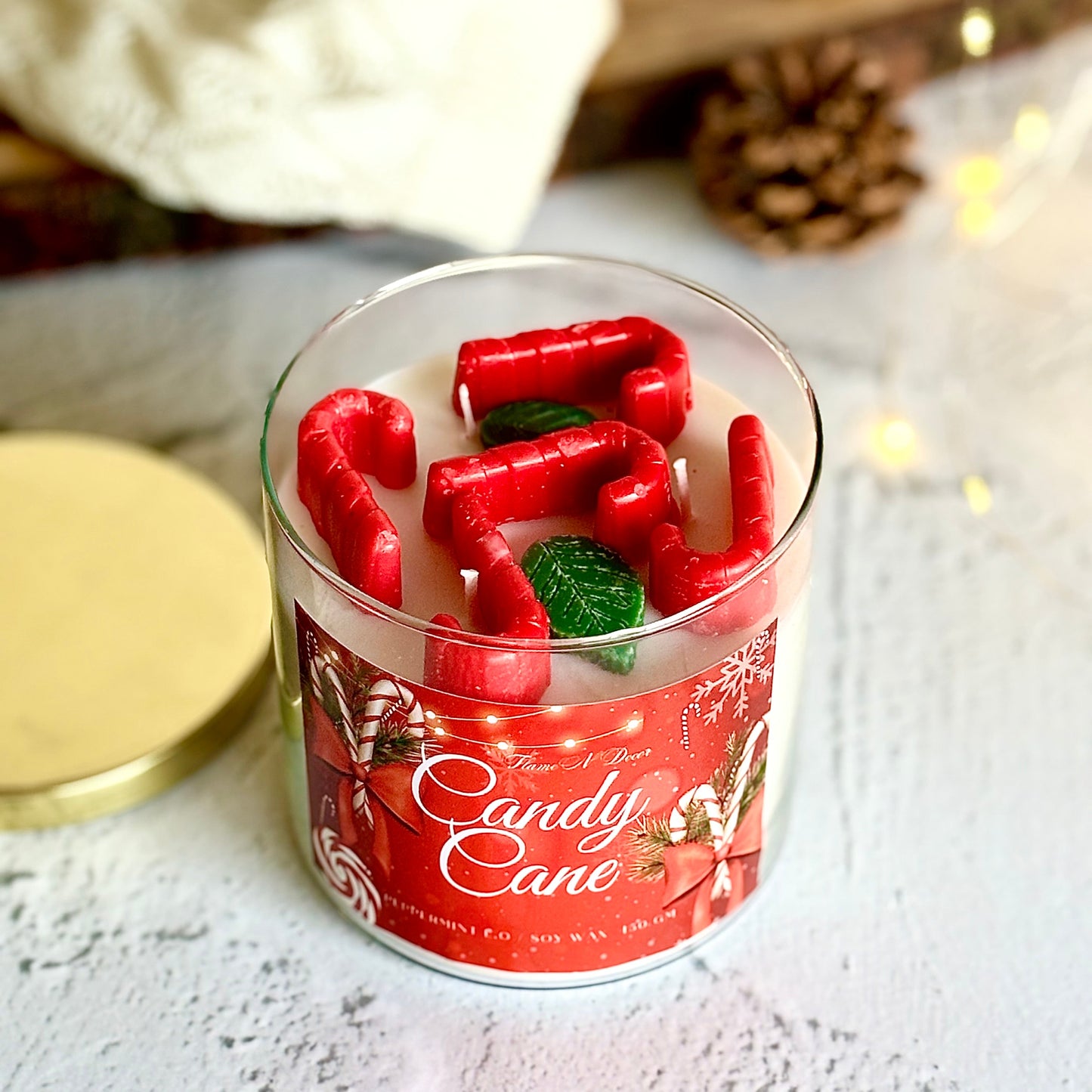 Candy Cane 3 wick Soy Candle with Golden Lid