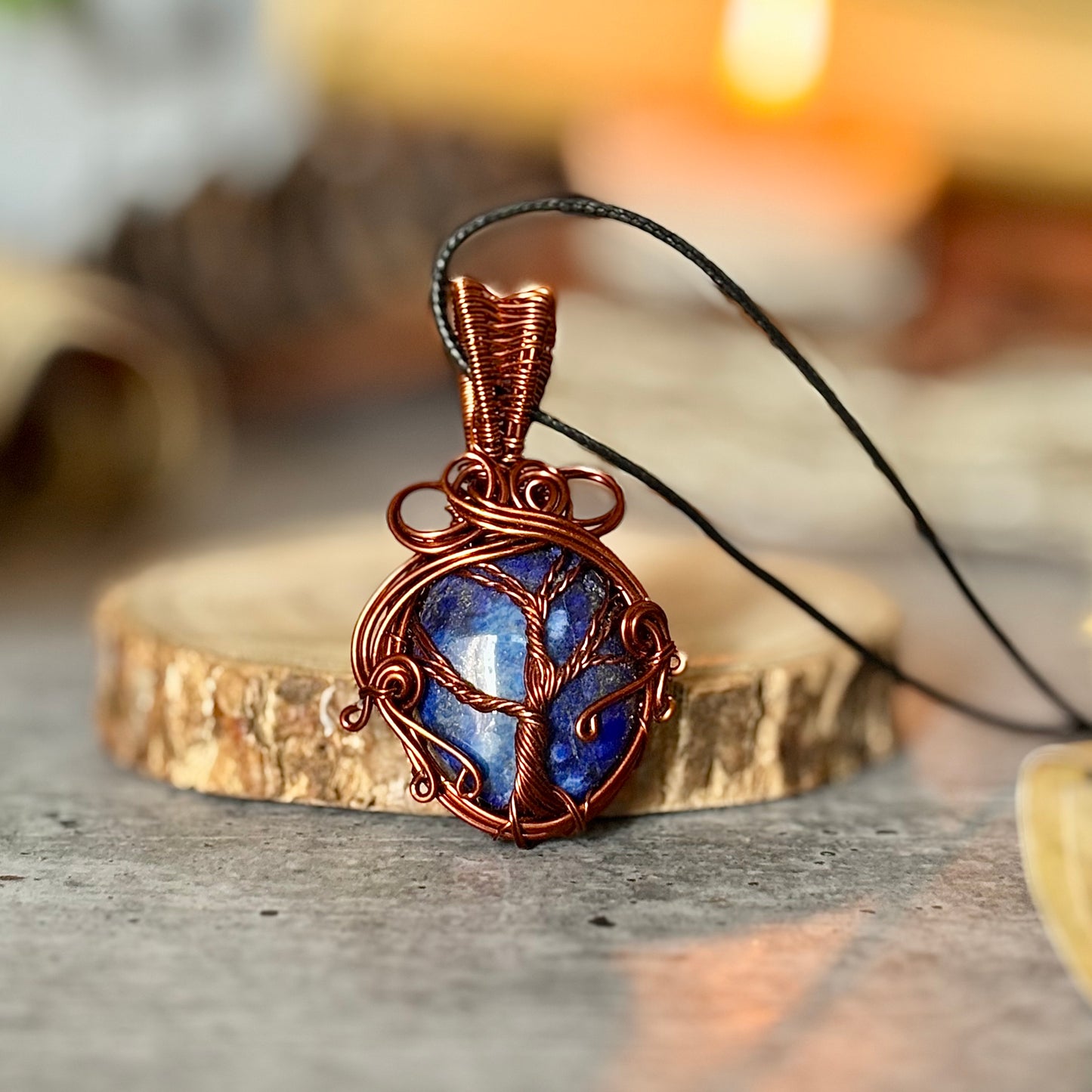 Lapis Lazuli Copper Wire-Wrapped Pendant with Cord | Self-expression & Focus