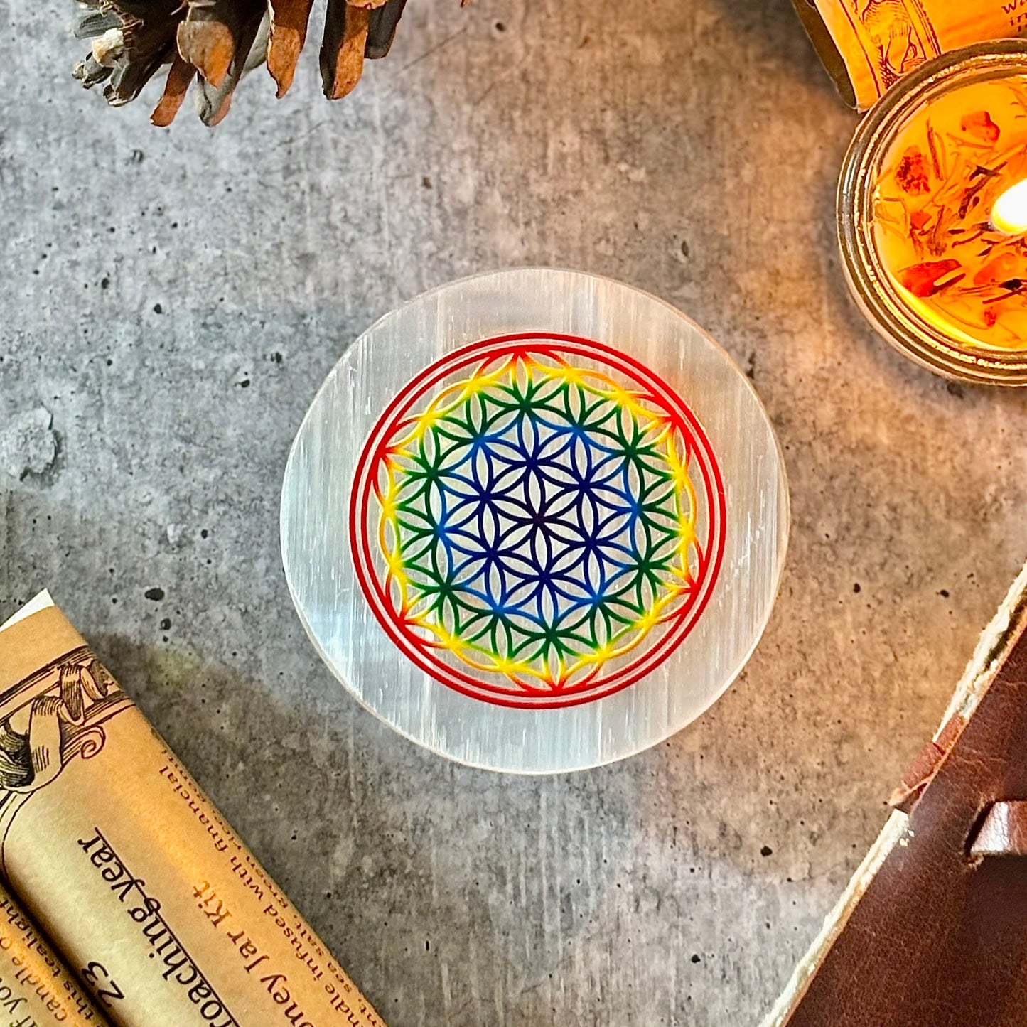 Flower of Life Selenite Plate – Sacred Geometry Energy Tool