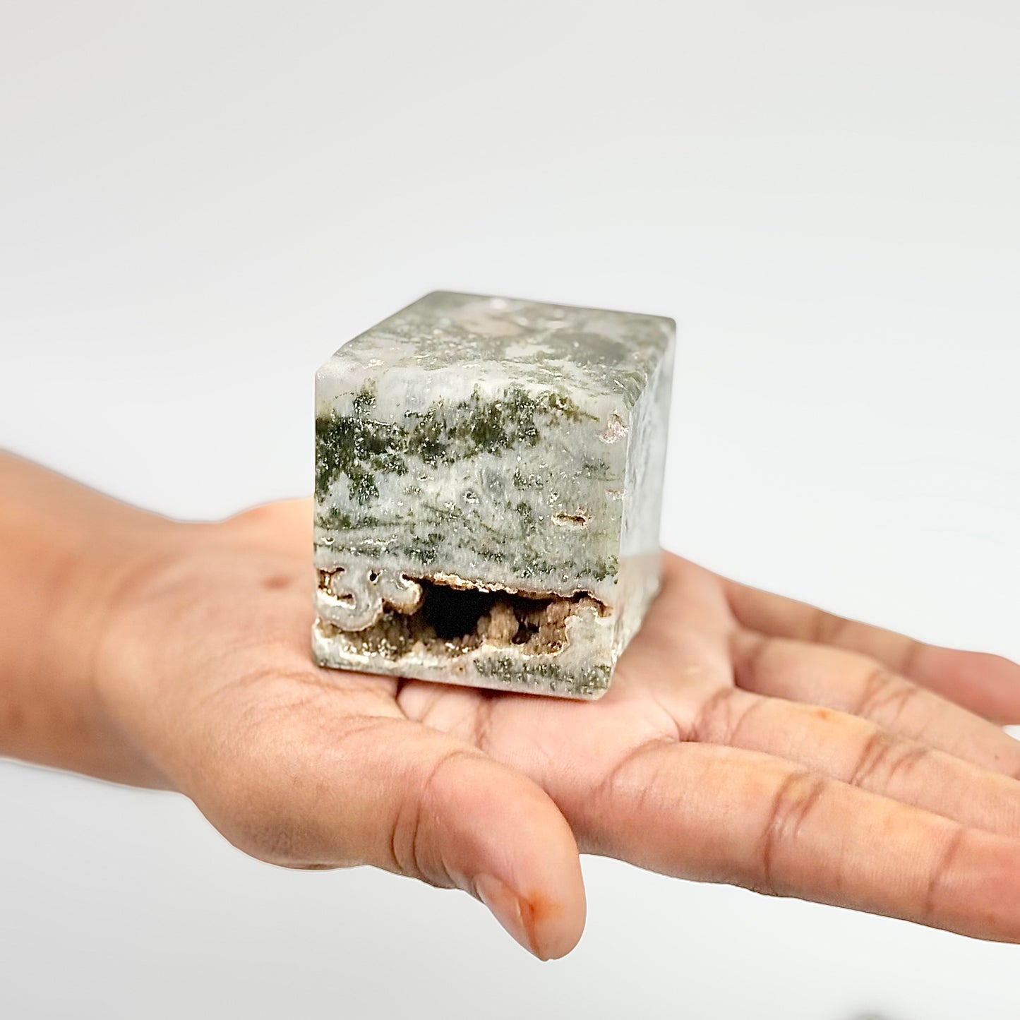 Moss agate with Cluster Cube - Wealth & Business Growth