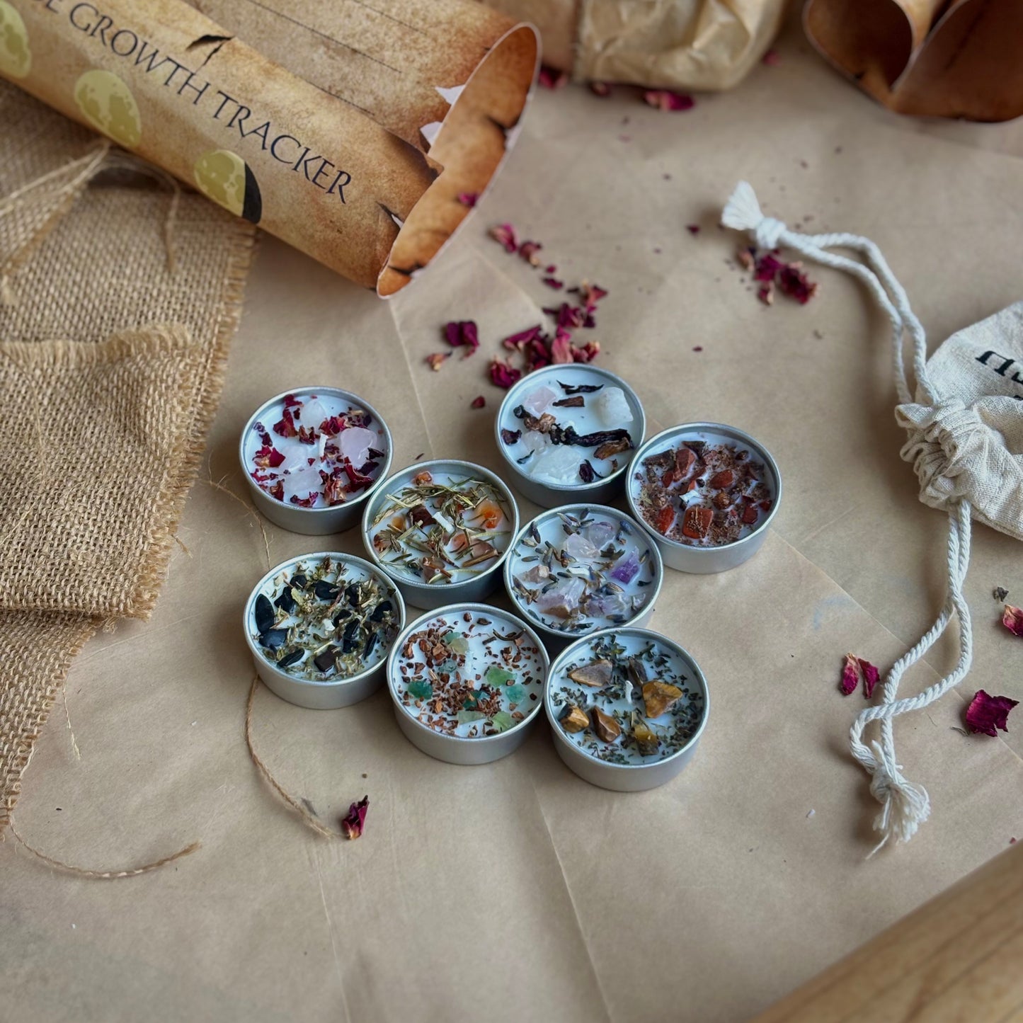 Crystal & Herb Tealight Candle Set – Set of 8