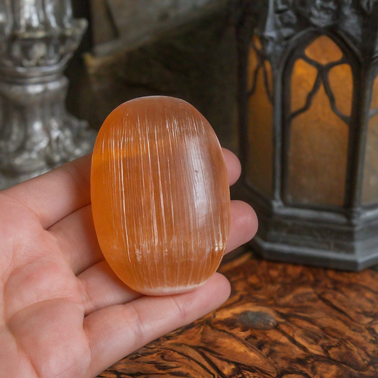 Orange Selenite Palm Stone (Satin Spar Selenite) | Stone for Spiritual work & Cleansing