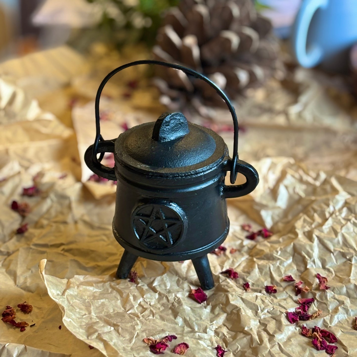 Pentacle Carved Cast Iron Cauldron