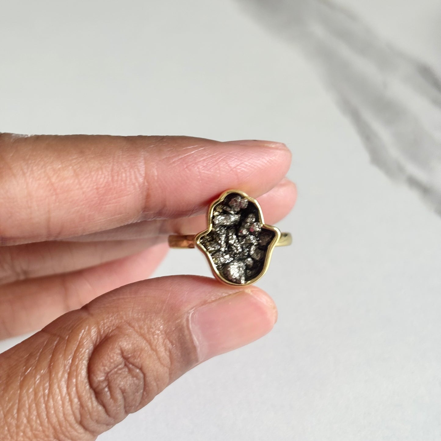 Pyrite Hamsa Adjustable Ring – Protection, Prosperity & Positive Energy