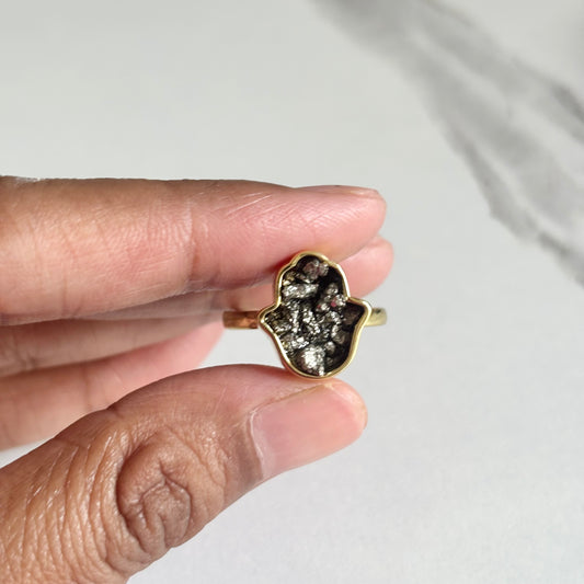 Pyrite Hamsa Adjustable Ring – Protection, Prosperity & Positive Energy
