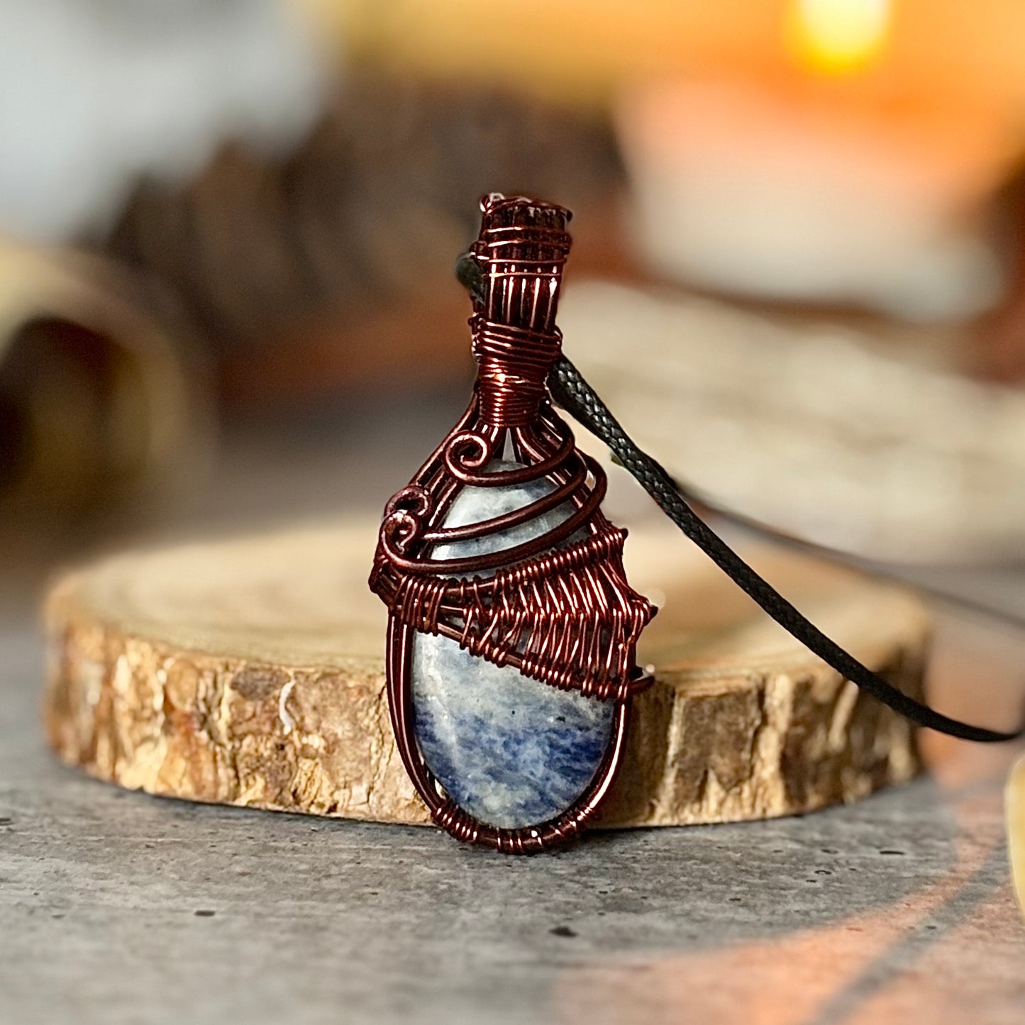 Sodalite Copper Wire-Wrapped Pendant with Cord | Communication