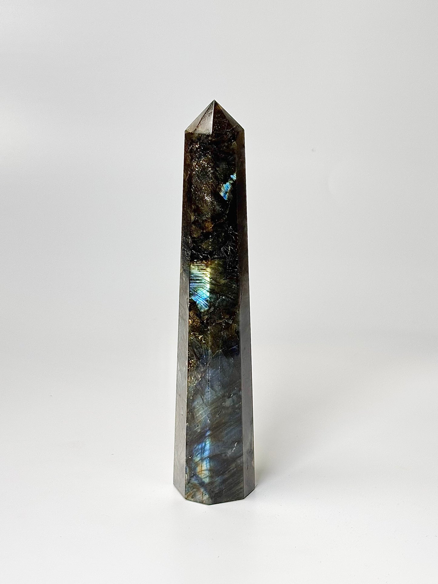 Eight Facet Labradorite Tower – 266g - Elegance, Depth & Reflective Beauty