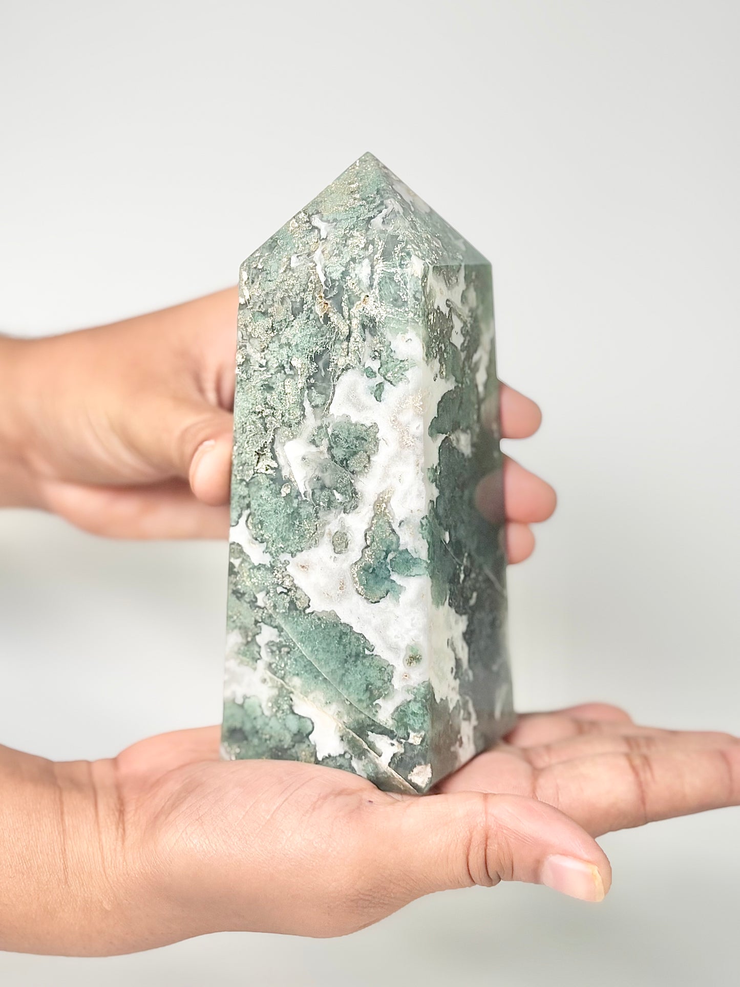 Four Facet Moss Agate Tower – 600g - Nature-Inspired Calm & Grounded Beauty