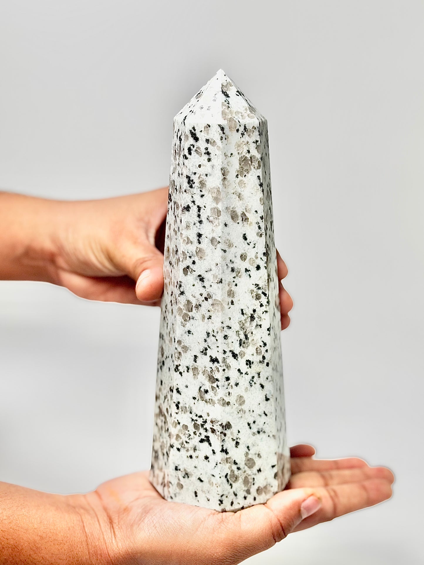 Eight Facet Indian Dalmatian Jasper Tower – 1.1 Kg - (A) Playful Elegance & Balanced Design