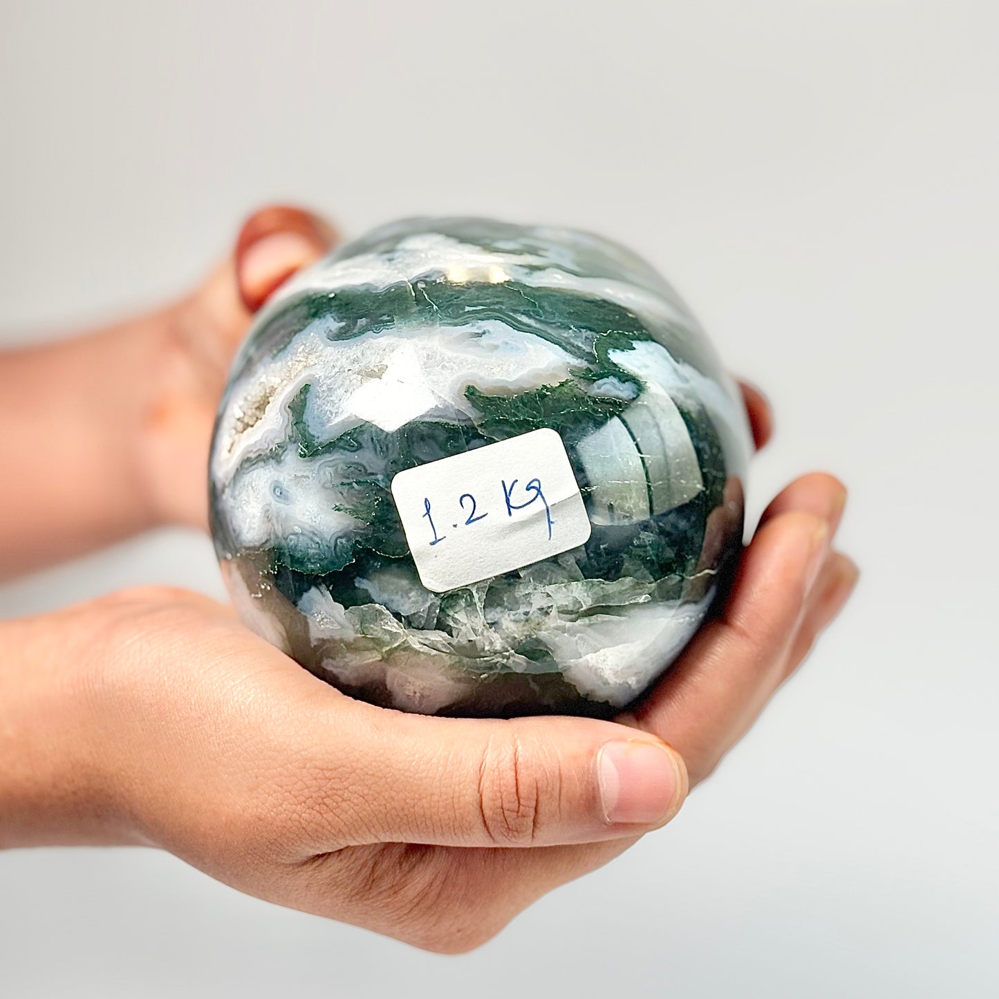 Druzy Moss Agate Egg Carving - 1.2 Kg | Promotes wealth and business growth