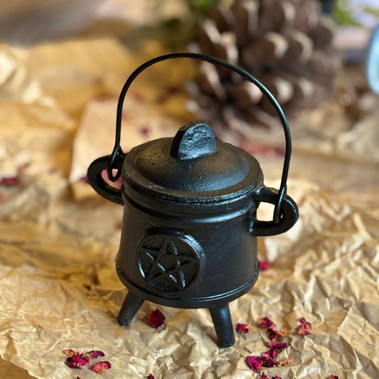 Pentacle Carved Cast Iron Cauldron