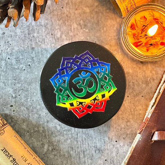 Om & Crown Chakra Black Obsidian Plate – Divine Connection & Protection