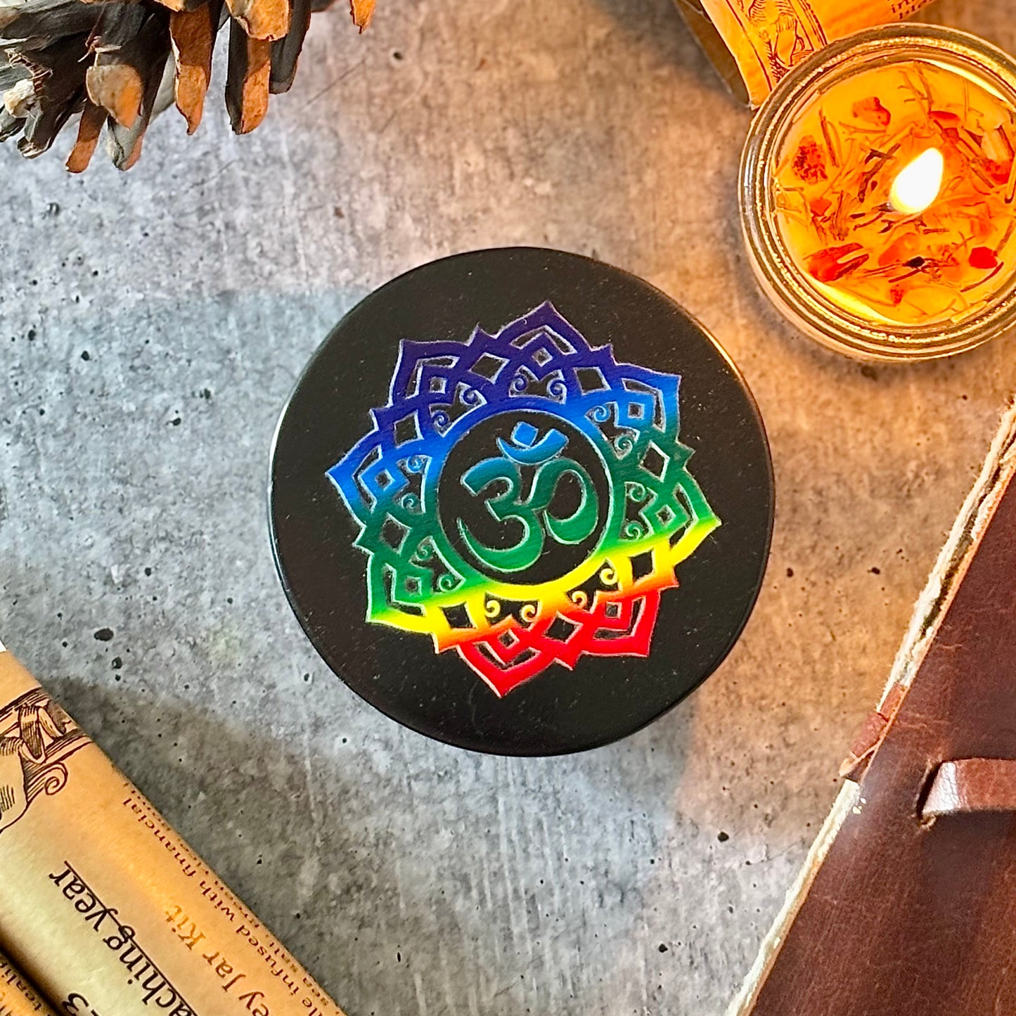 Om & Crown Chakra Black Obsidian Plate – Divine Connection & Protection