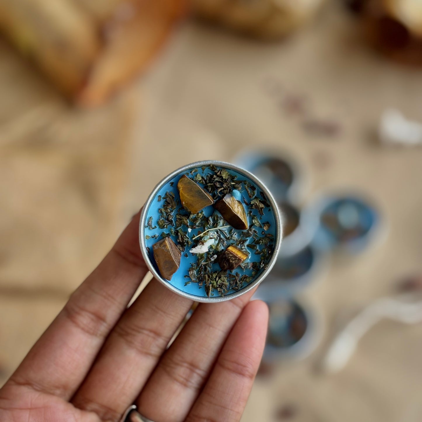 Blue Soy Wax Tealight Candle with Peppermint & Tiger’s Eye