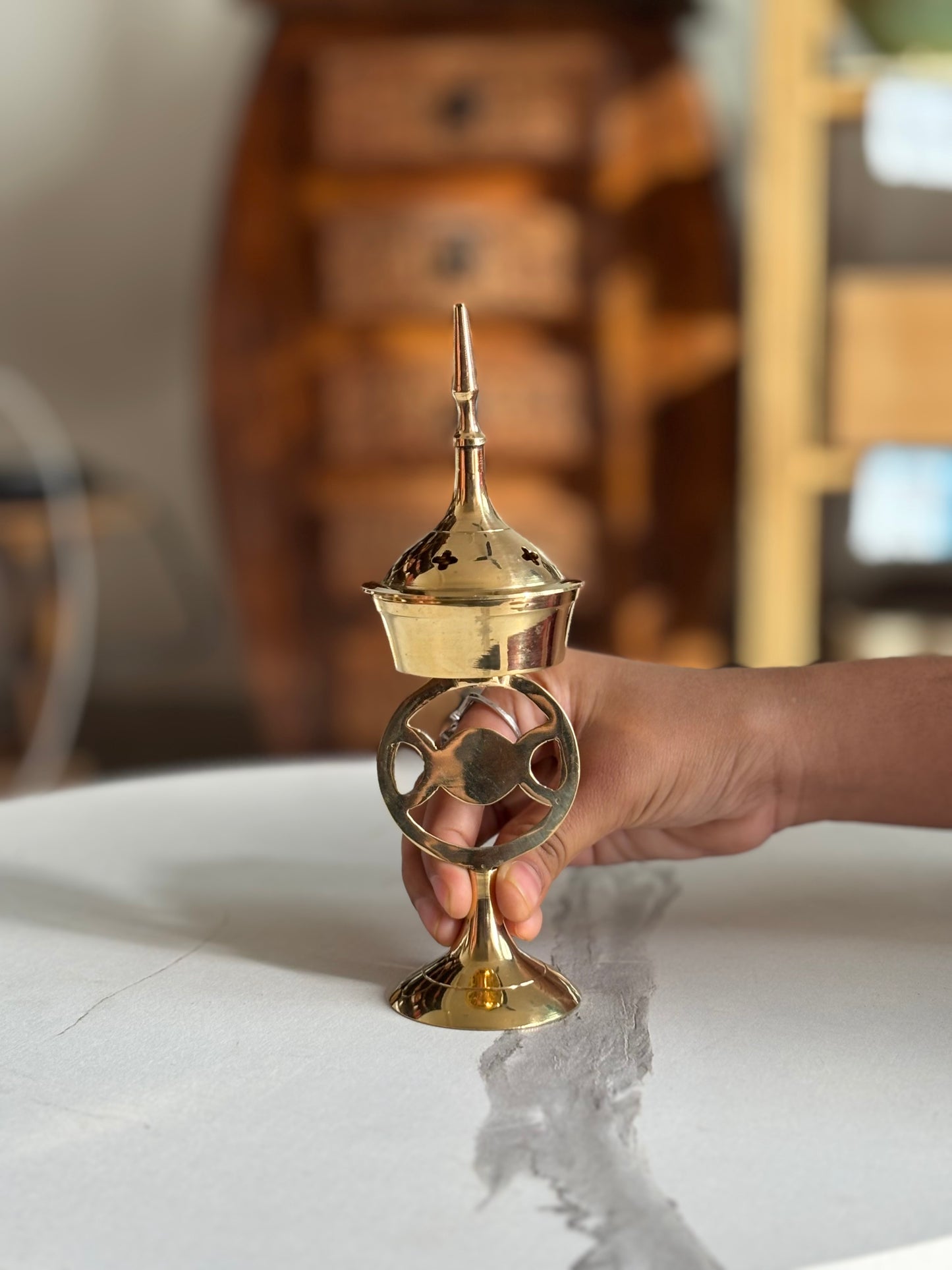Brass Incense Holder with Triple Moon Sign - Altar Decor
