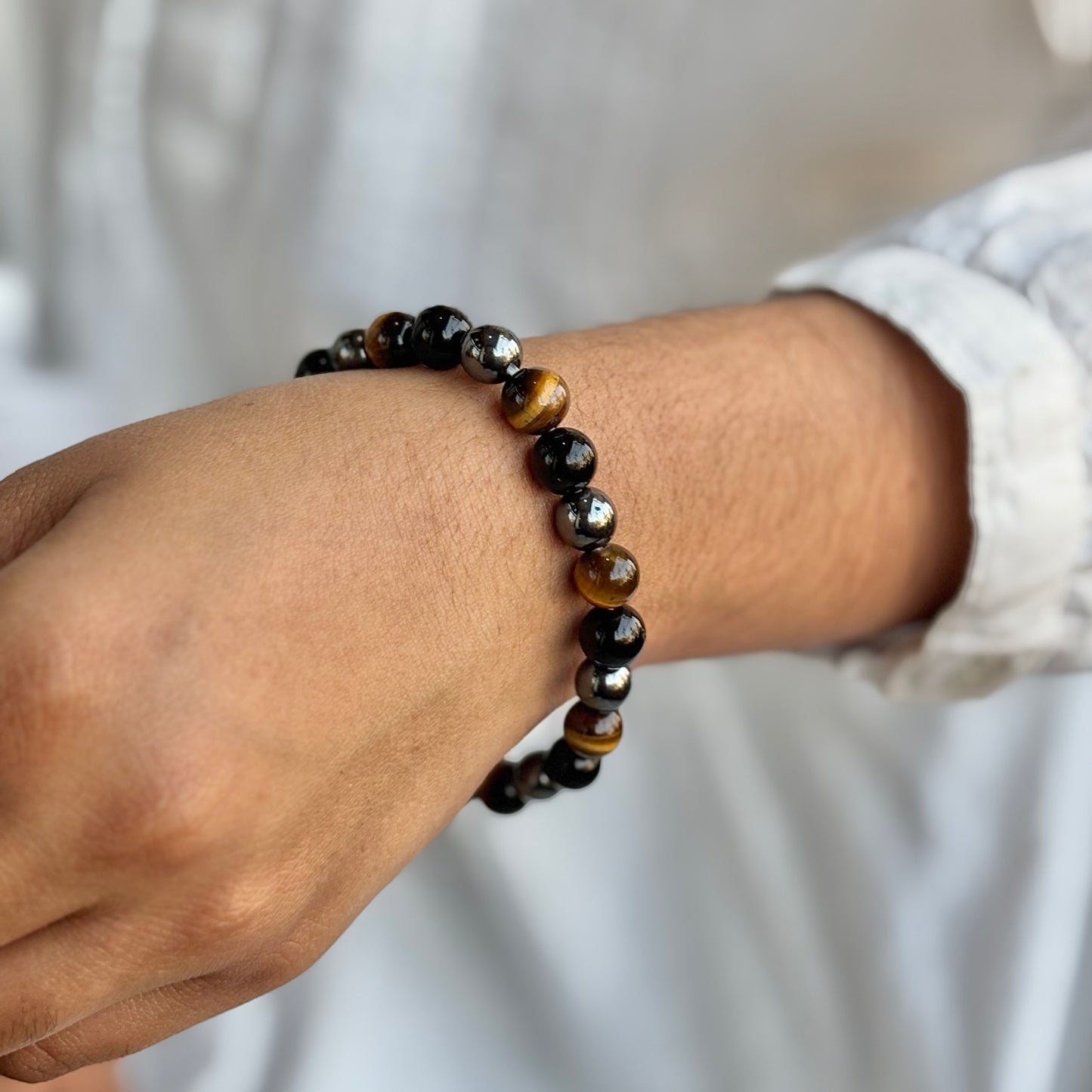 Protection & Grounding Bracelet | Combination of Hematite , Tiger's eye and Black Obsidian