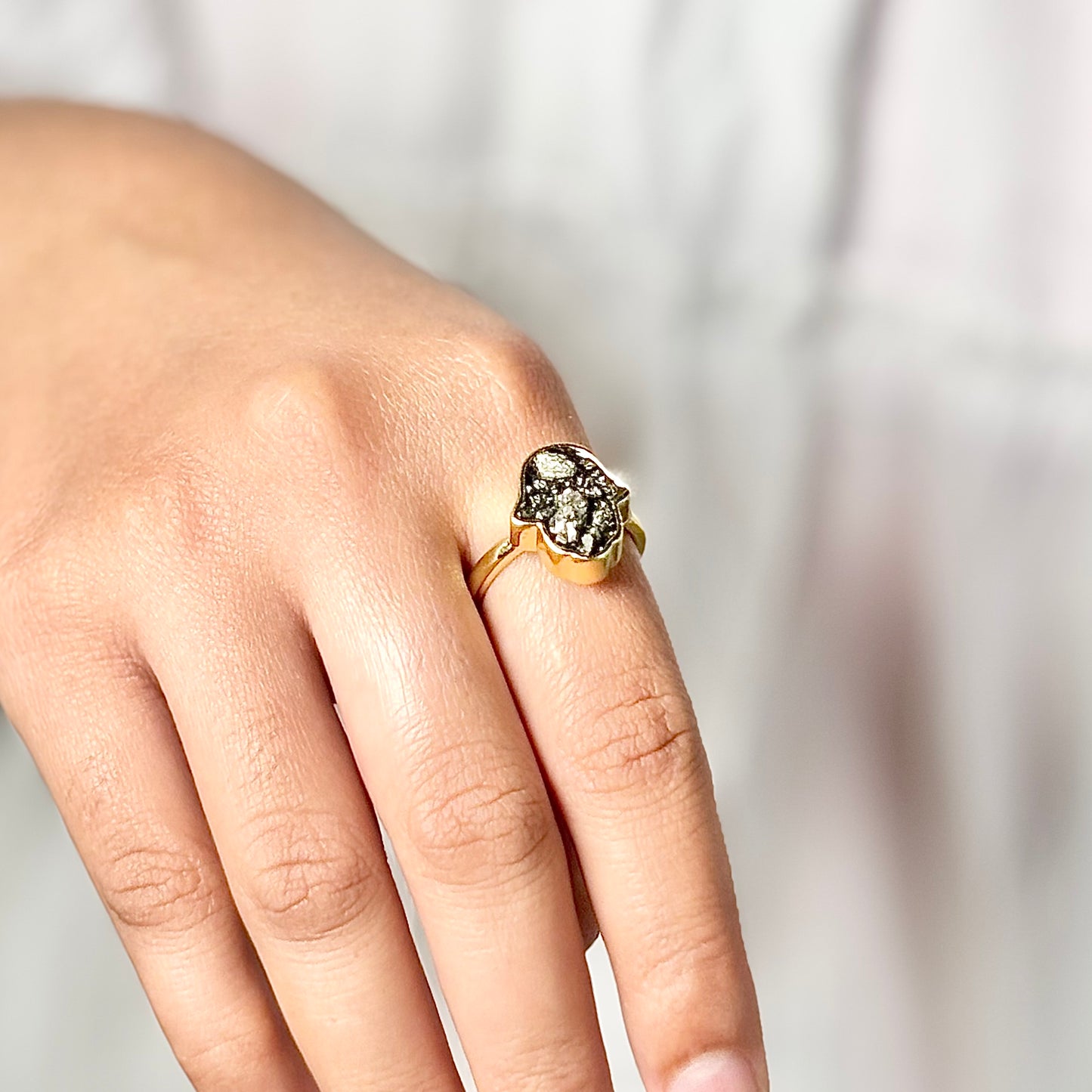 Pyrite Hamsa Adjustable Ring – Protection, Prosperity & Positive Energy