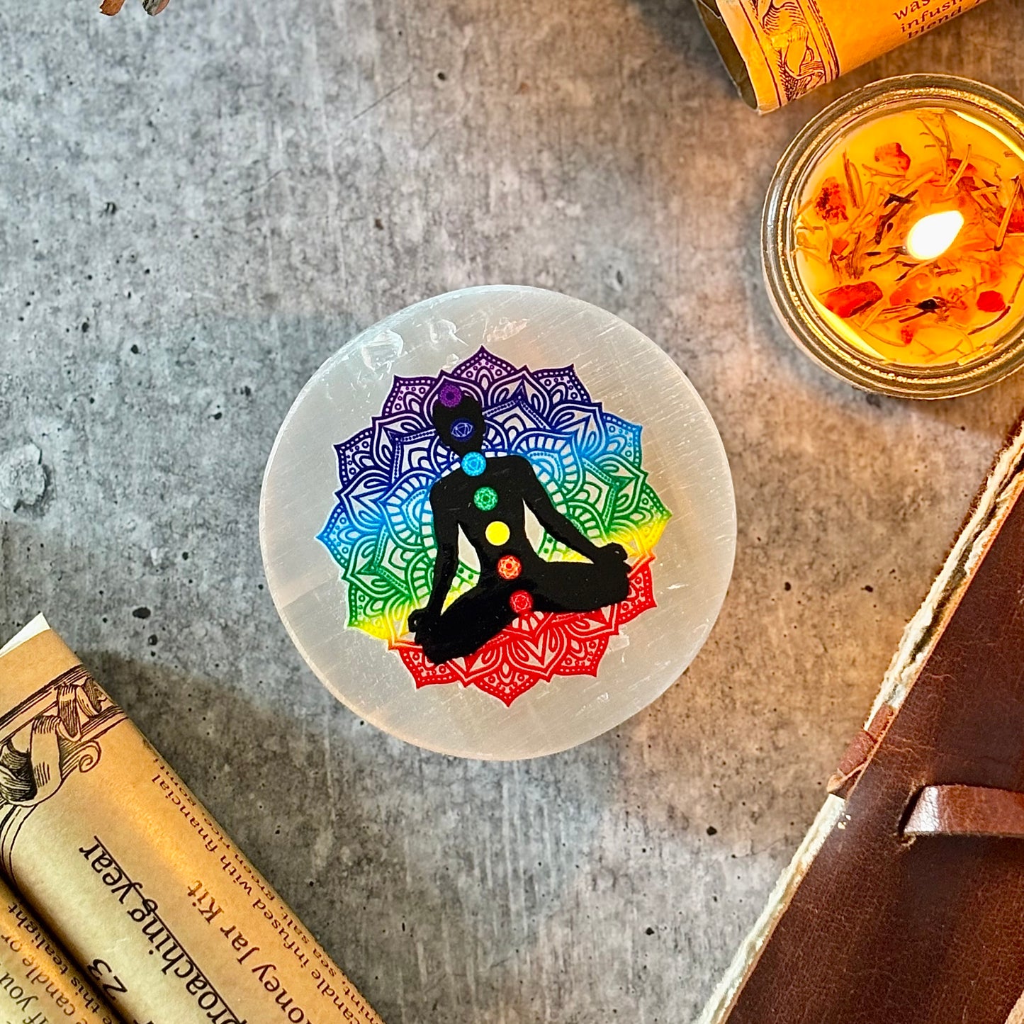 Chakra Symbols Selenite Plate – Energy Alignment & Spiritual Healing