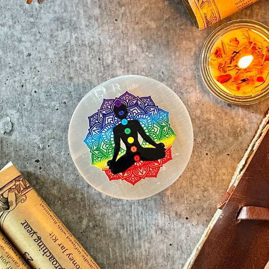 Chakra Symbols Selenite Plate – Energy Alignment & Spiritual Healing