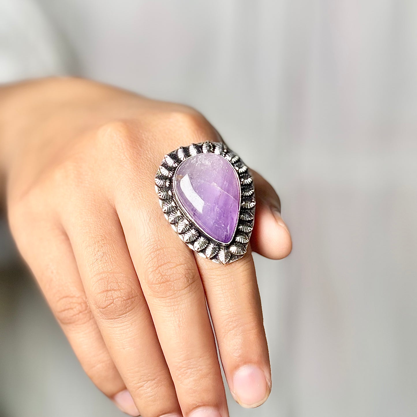 Amethyst Oxidised Crystal Ring | Helps activating Third Eye & Psychic abilities