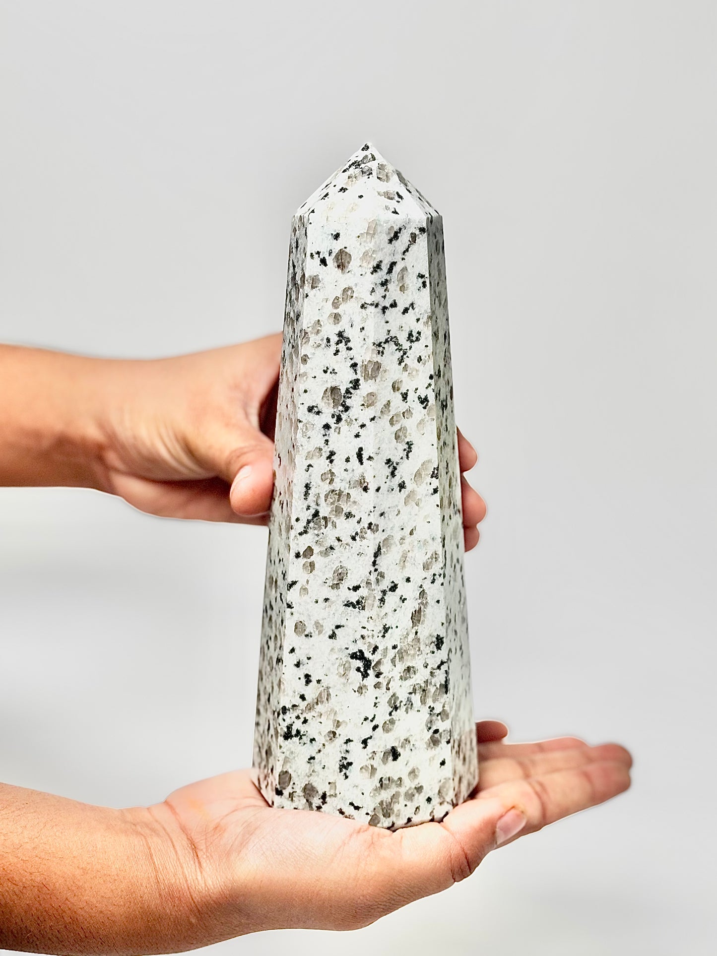 Eight Facet Indian Dalmatian Jasper Tower – 1.1 Kg (B)- Playful Elegance & Balanced Design