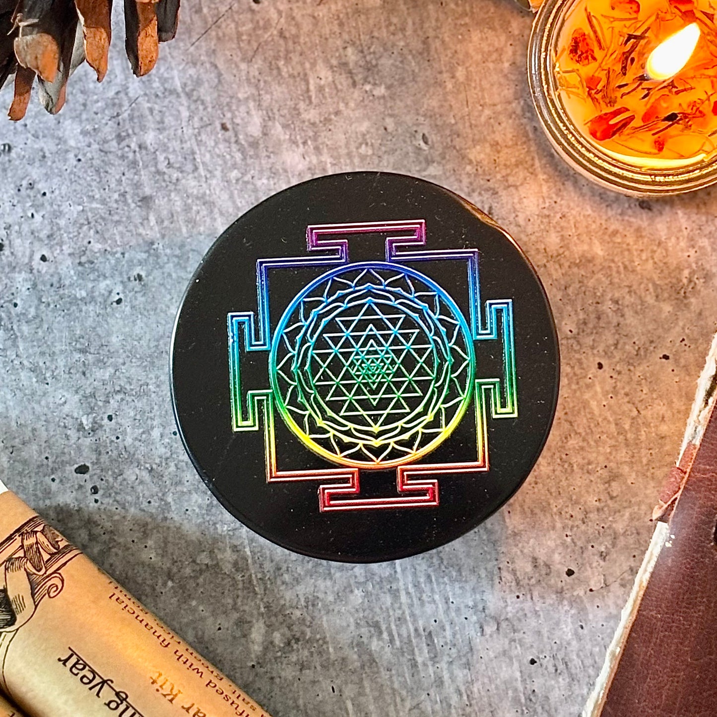 Shree Yantra Black Obsidian Plate – Sacred Geometry for Abundance & Protection