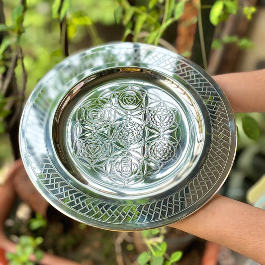 Sacred Energy Plate: Seven Chakras Carved in Stainless Steel Offering Plate