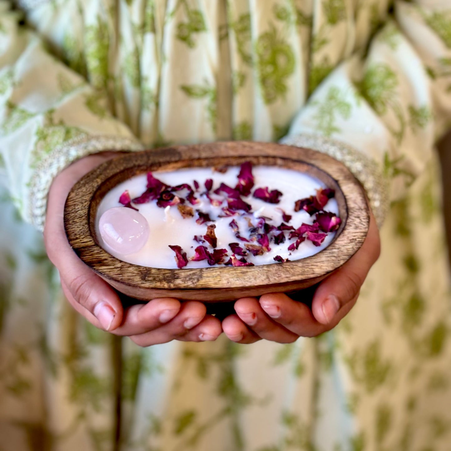 Wooden Dough Bowl Infused with Rose Quartz and Rose Soy Candle
