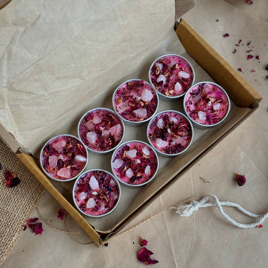 Pink Soy Wax Tealight Candle with Rose Petals & Rose Quartz