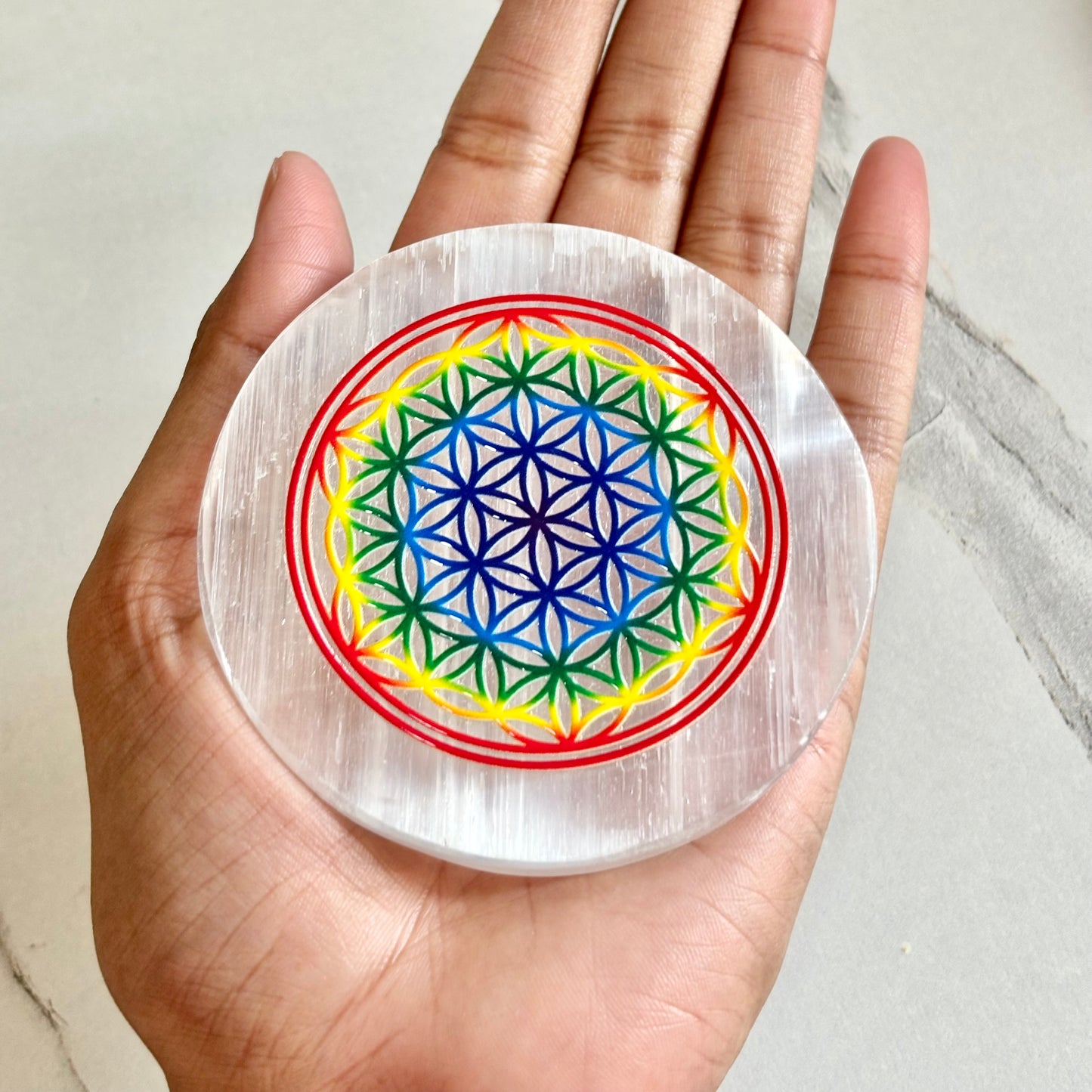 Flower of Life Selenite Plate – Sacred Geometry Energy Tool