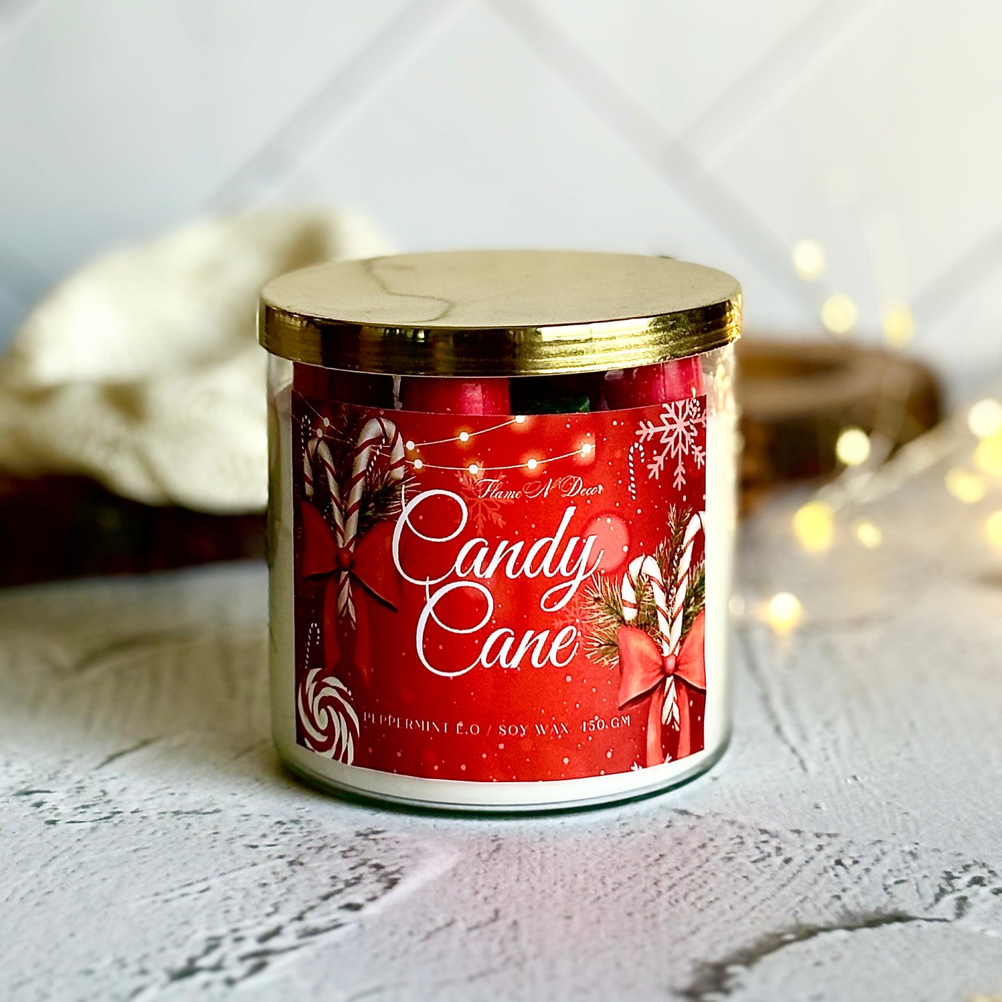 Candy Cane 3 wick Soy Candle with Golden Lid