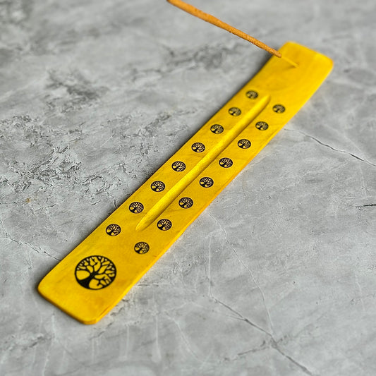 Yellow wooden Incense Stick Holder with the print of Tree of Life