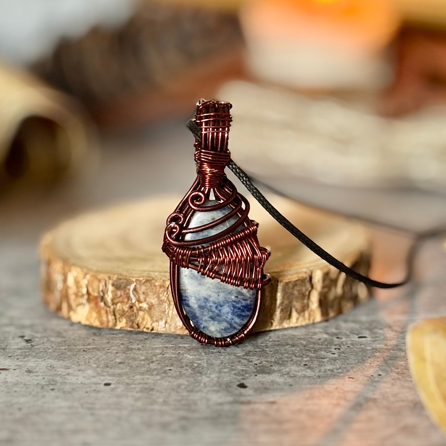 Sodalite Copper Wire-Wrapped Pendant with Cord | Communication