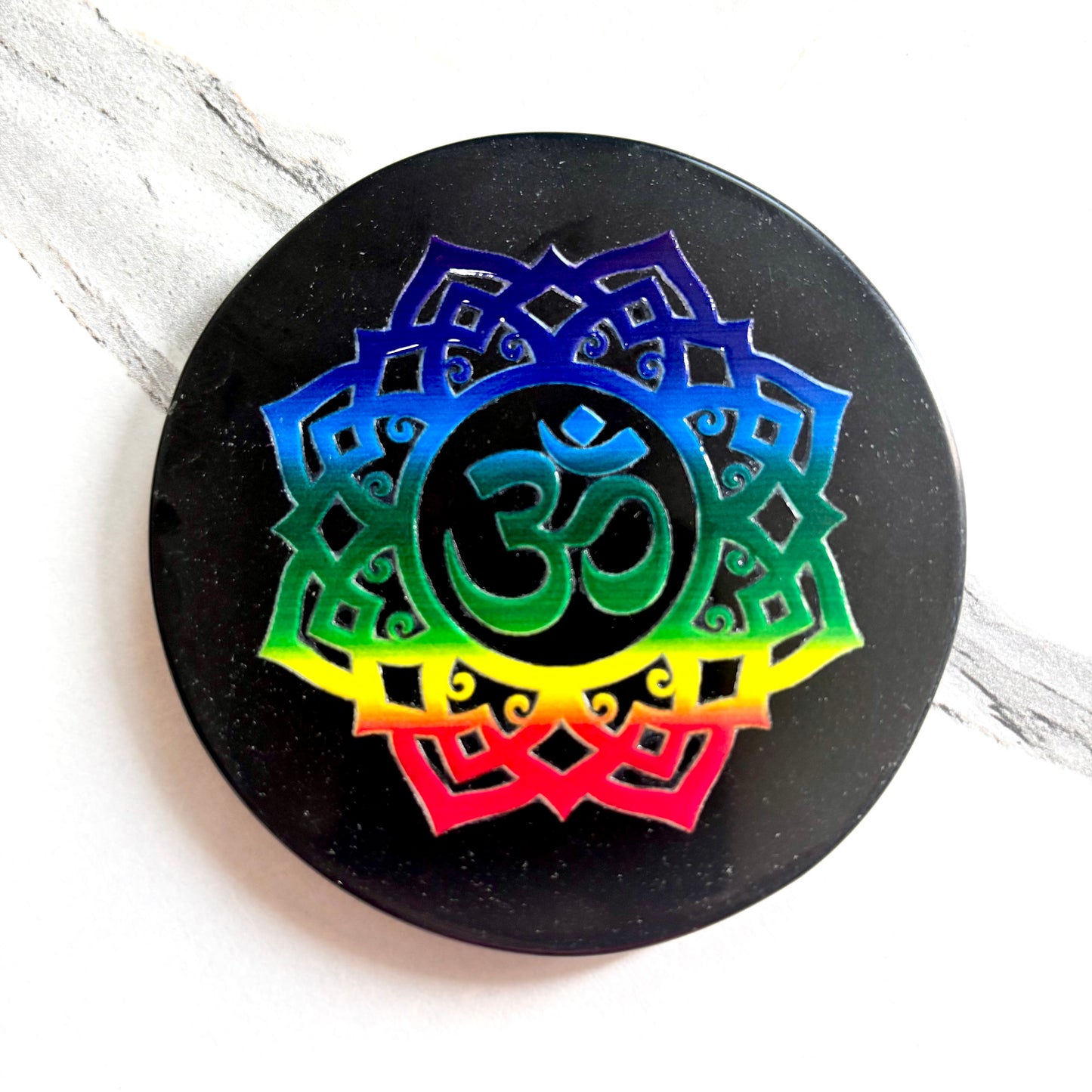 Om & Crown Chakra Black Obsidian Plate – Divine Connection & Protection