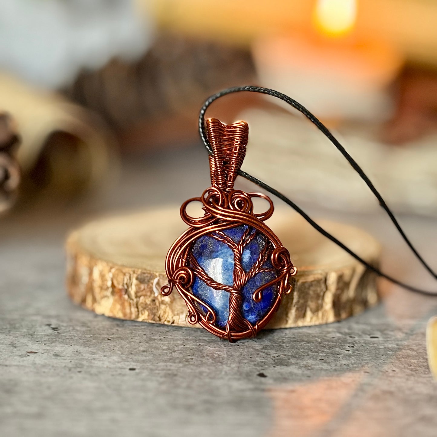 Lapis Lazuli Copper Wire-Wrapped Pendant with Cord | Self-expression & Focus
