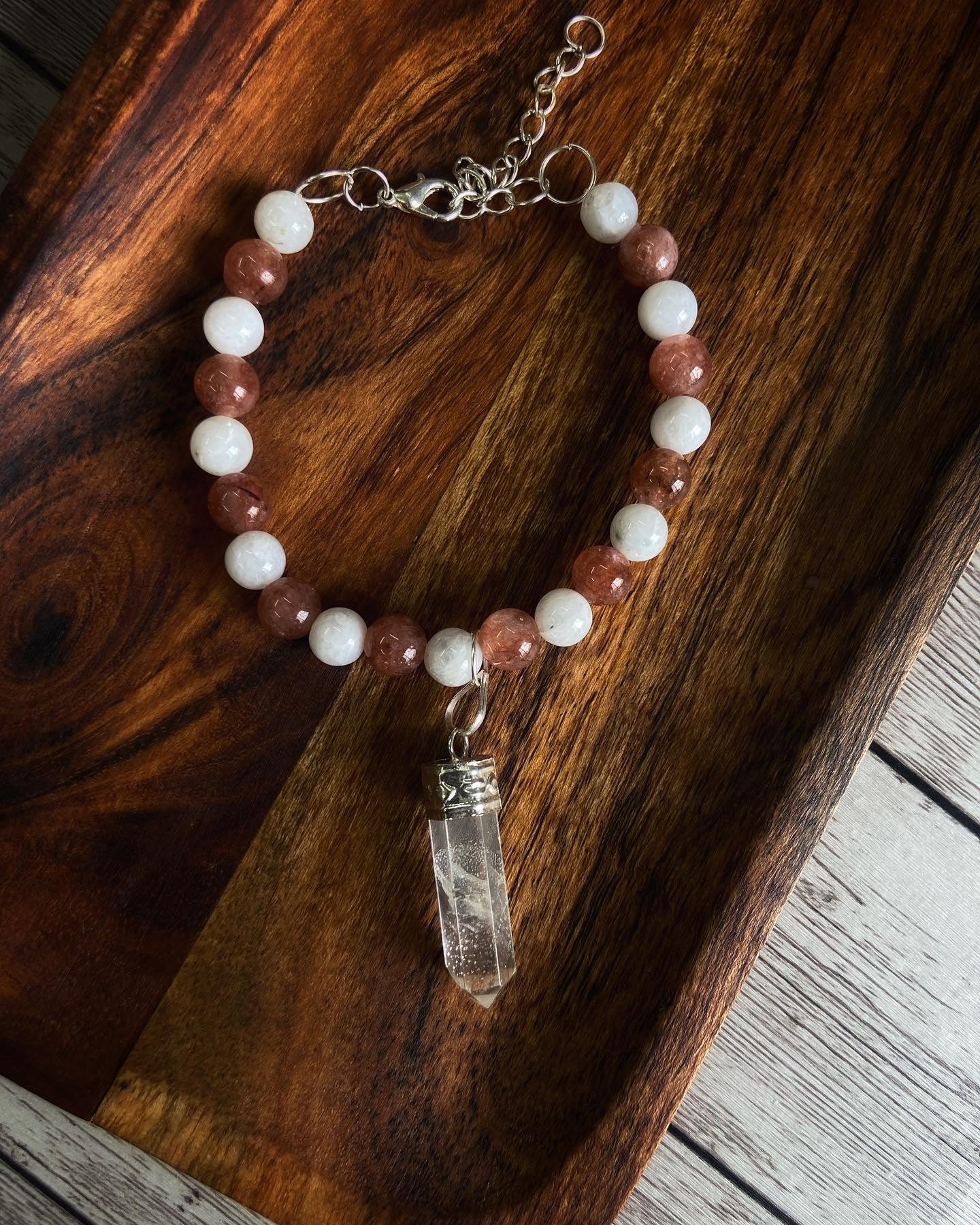 Sunstone + Moonstone With Clear Quartz Point Pendant Charm Crystal & Stones