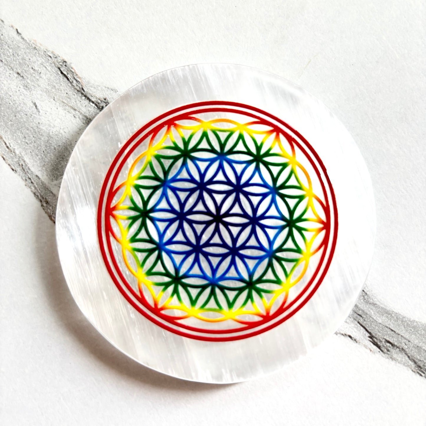 Flower of Life Selenite Plate – Sacred Geometry Energy Tool