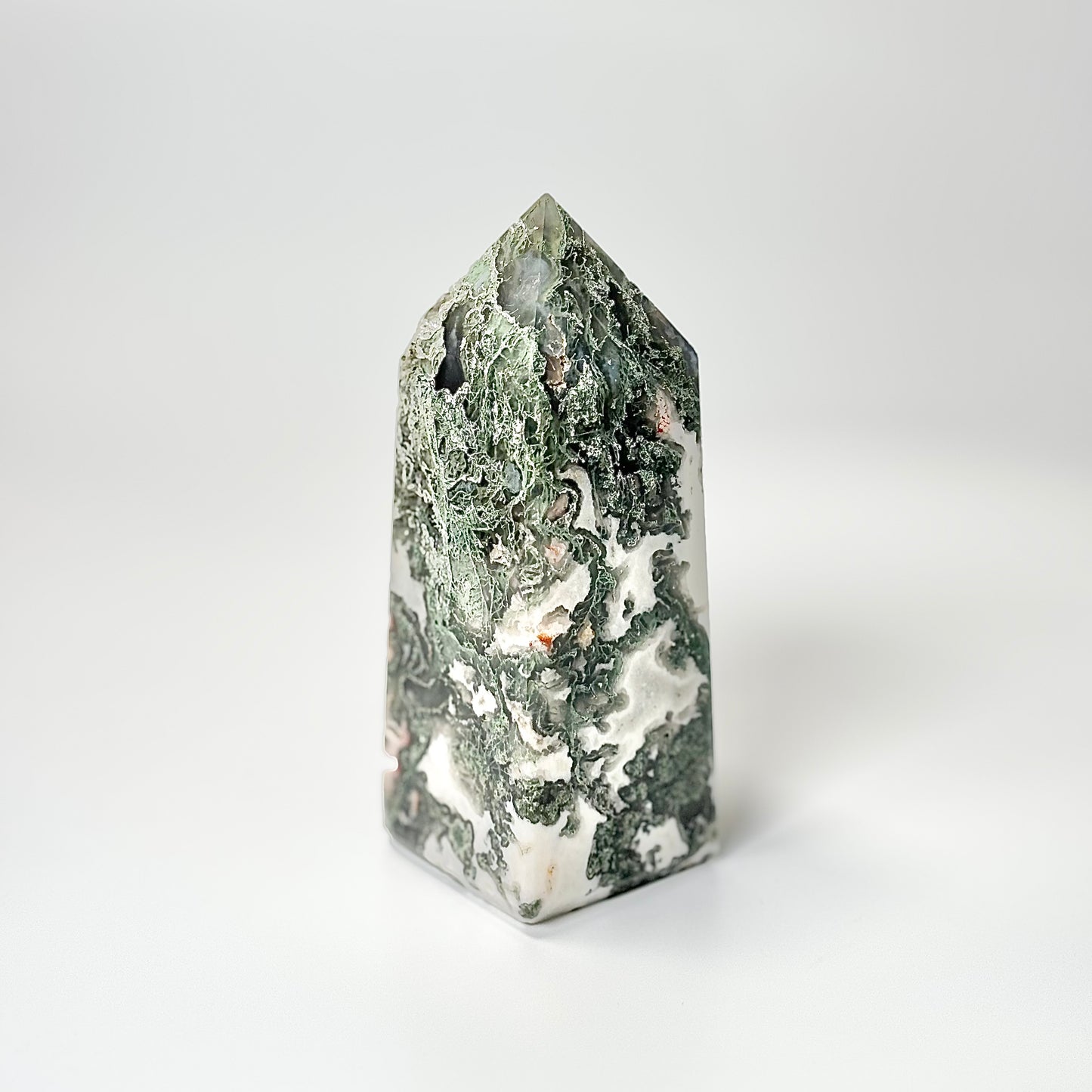 Four Facet Moss Agate Tower – 390g - Nature-Inspired Calm & Grounded Beauty