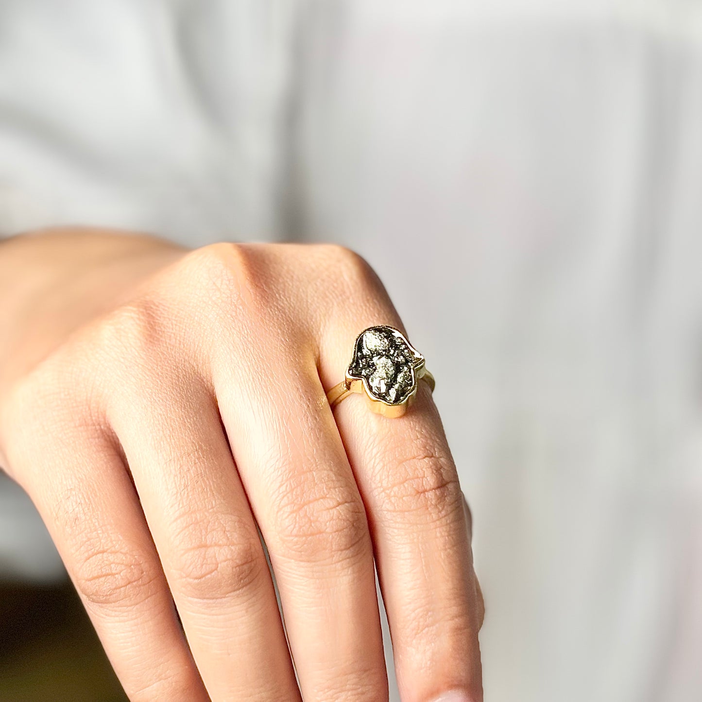 Pyrite Hamsa Adjustable Ring – Protection, Prosperity & Positive Energy