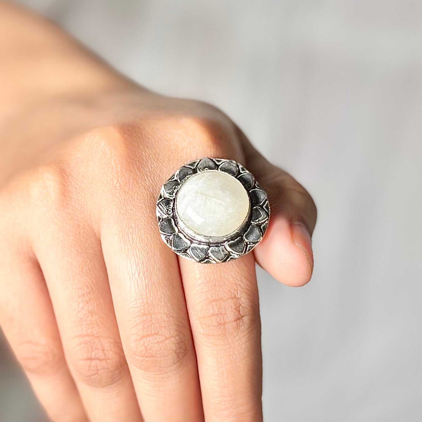 Rainbow Moonstone Oxidise Ring - Empathy & Compassion