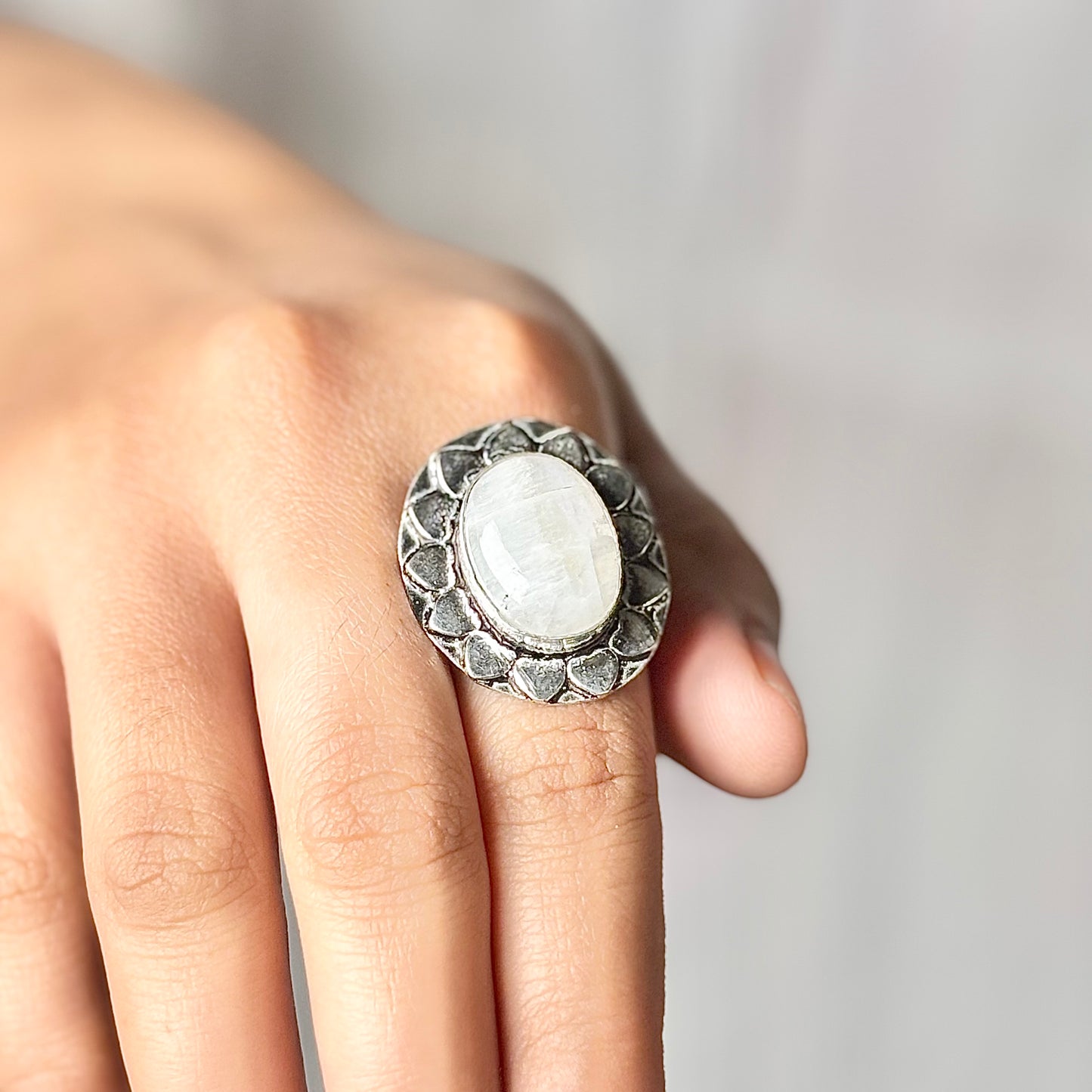 Rainbow Moonstone Oxidise Ring - Empathy & Compassion