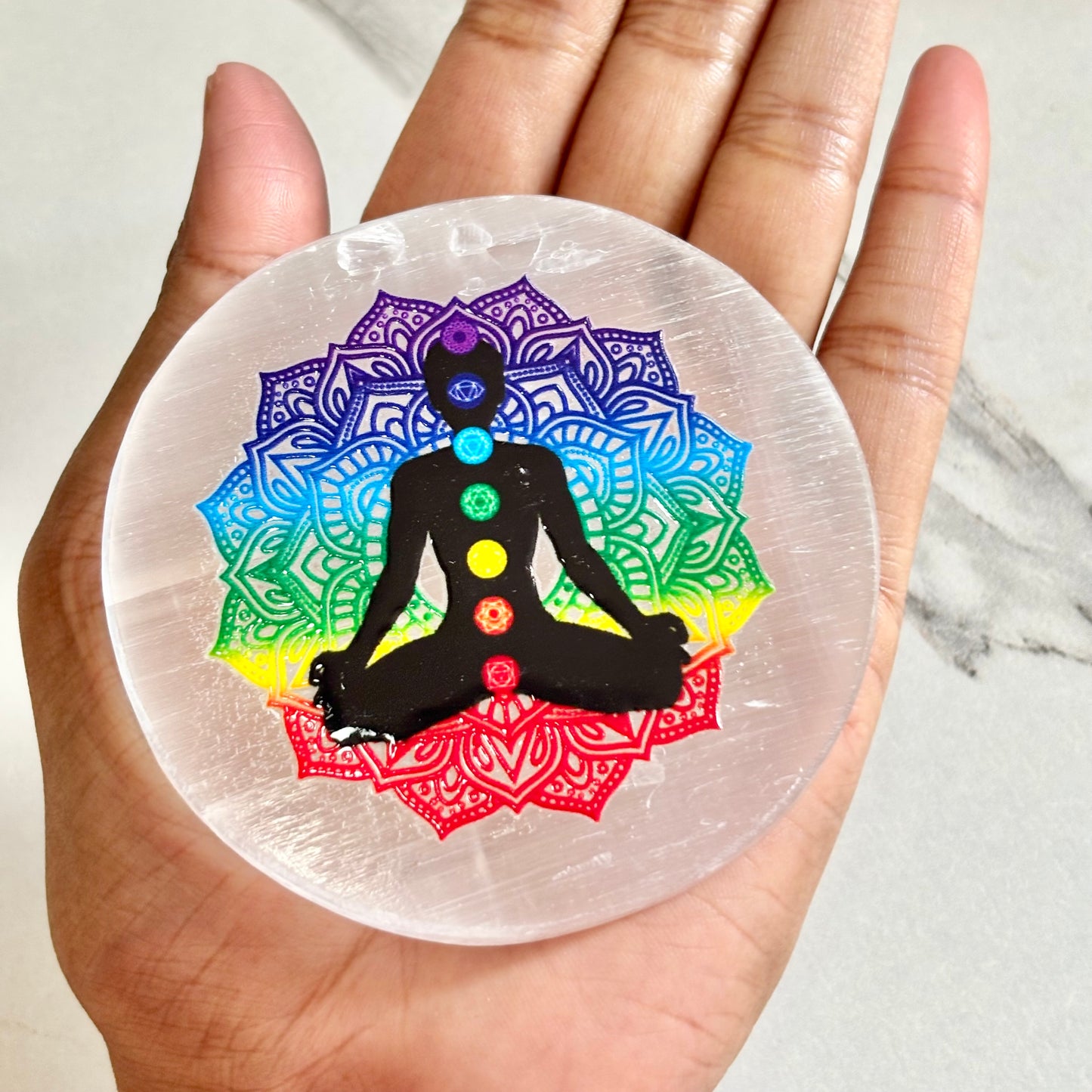 Chakra Symbols Selenite Plate – Energy Alignment & Spiritual Healing