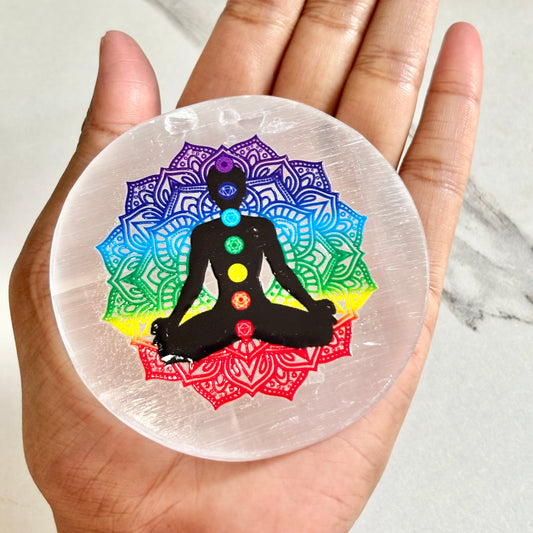 Chakra Symbols Selenite Plate – Energy Alignment & Spiritual Healing