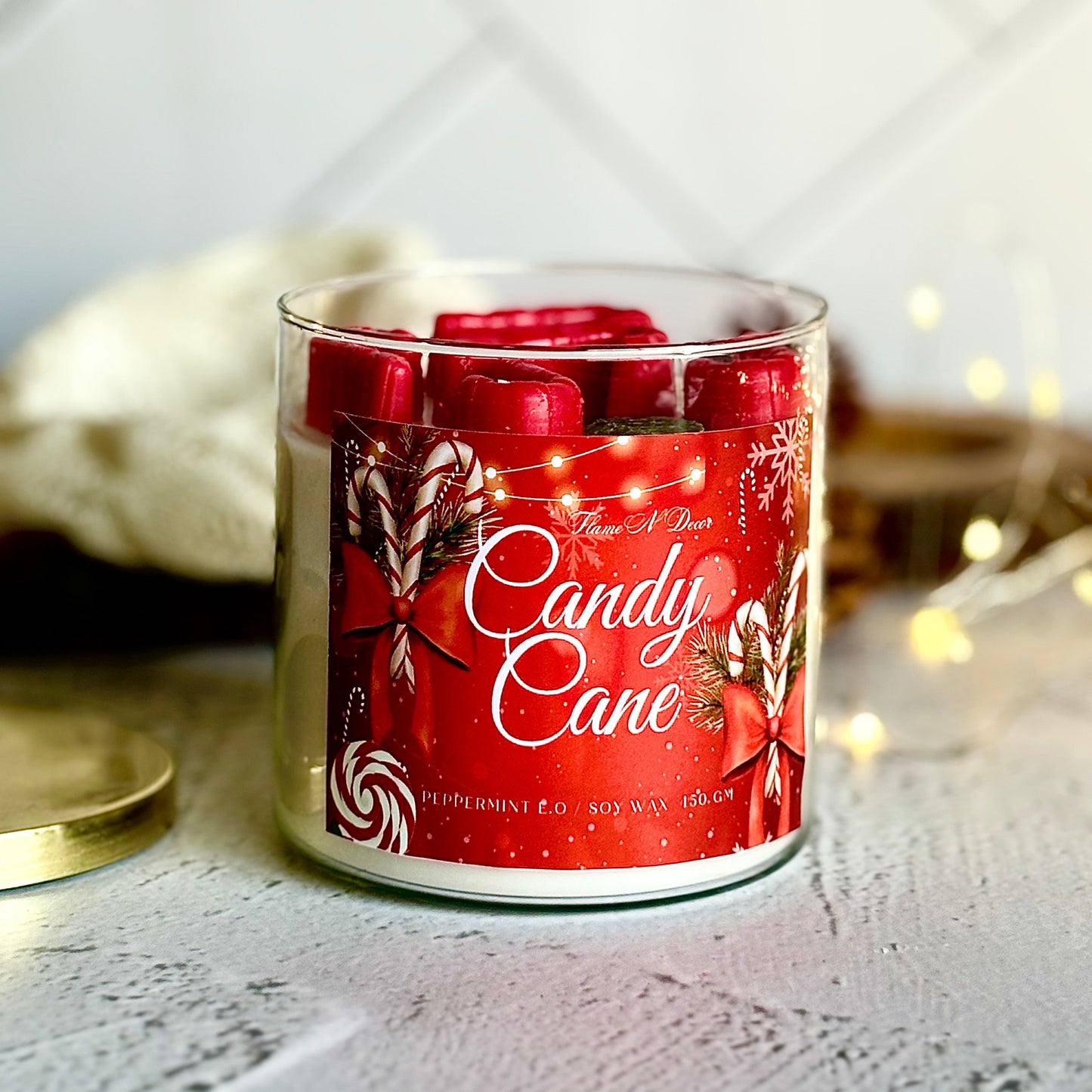 Candy Cane 3 wick Soy Candle with Golden Lid