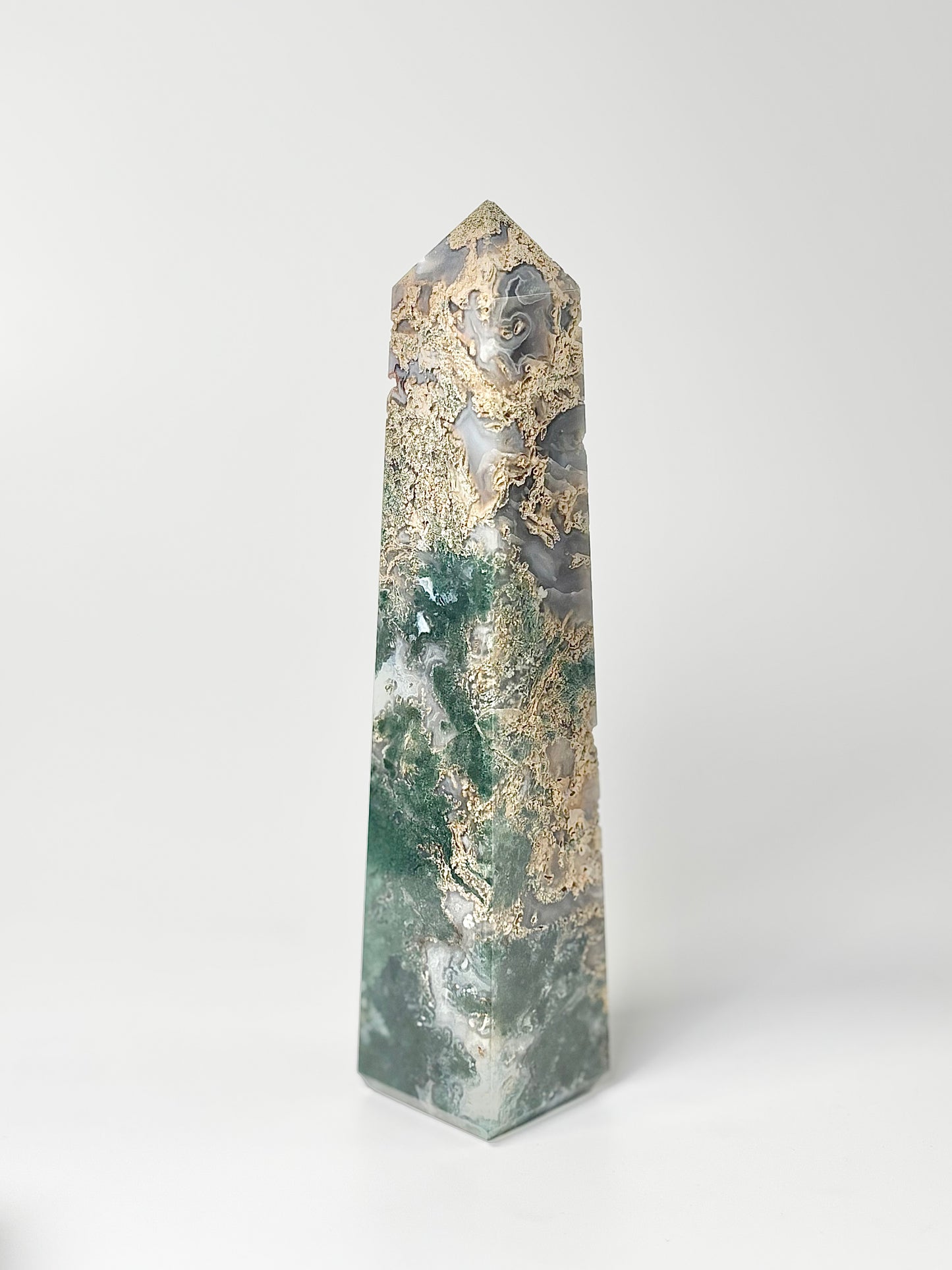 Four Facet Moss Agate Tower – 395g - Nature-Inspired Calm & Grounded Beauty