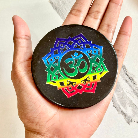 Om & Crown Chakra Black Obsidian Plate – Divine Connection & Protection