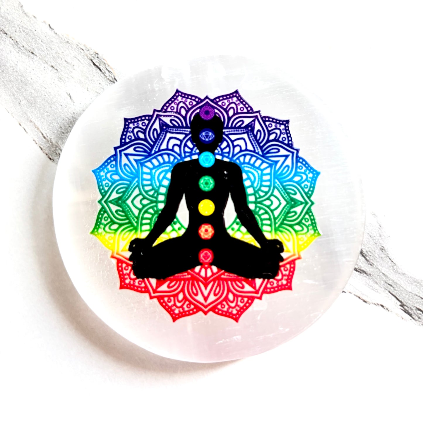 Chakra Symbols Selenite Plate – Energy Alignment & Spiritual Healing