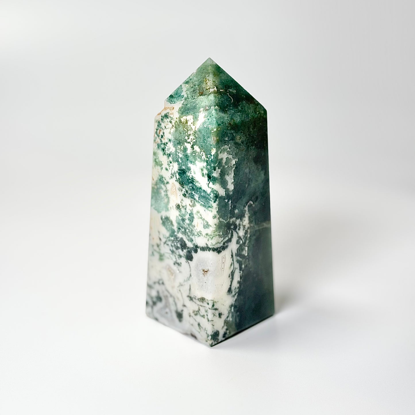 Four Facet Moss Agate Tower – 566g - Nature-Inspired Calm & Grounded Beauty