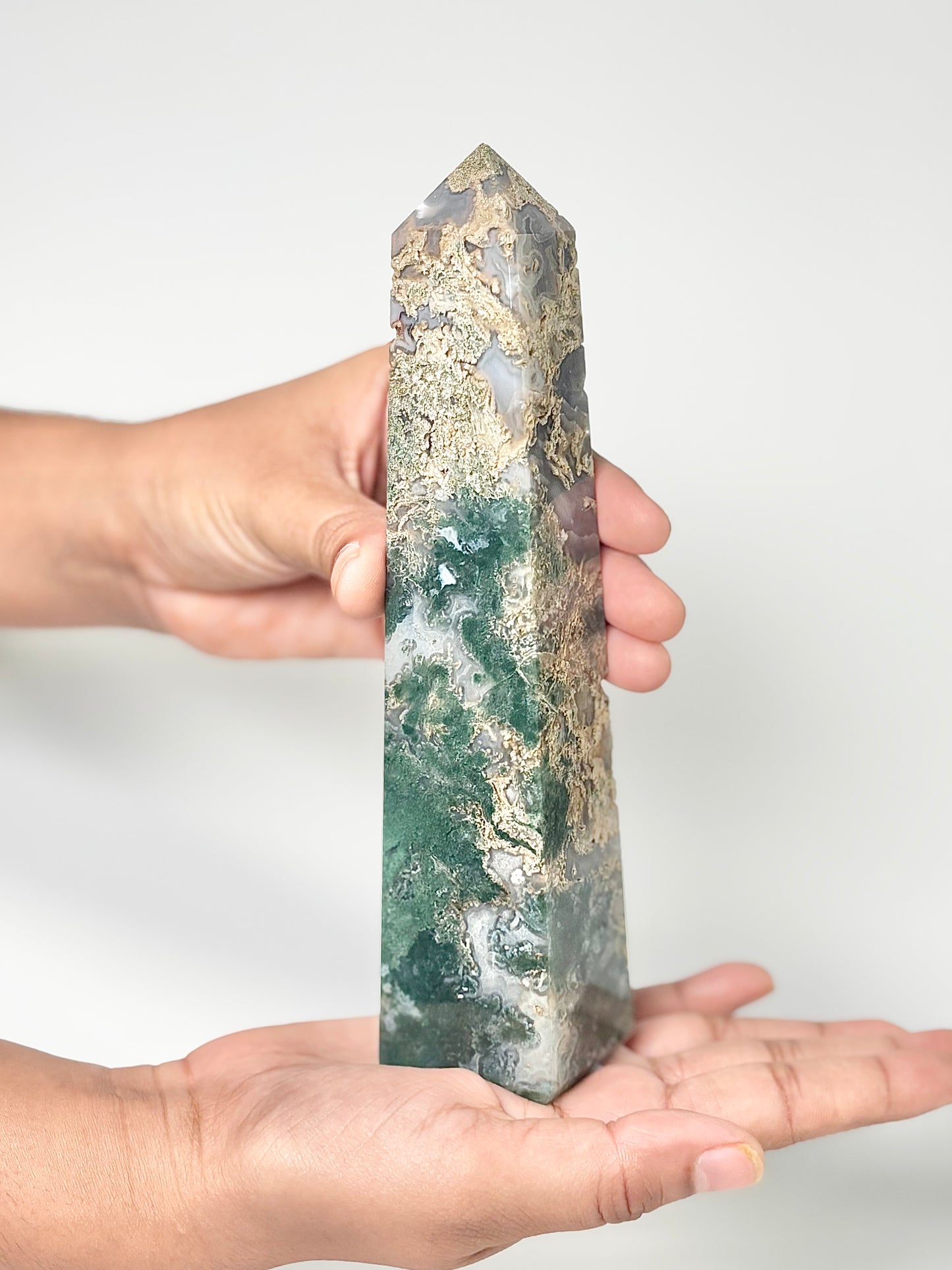 Four Facet Moss Agate Tower – 395g - Nature-Inspired Calm & Grounded Beauty