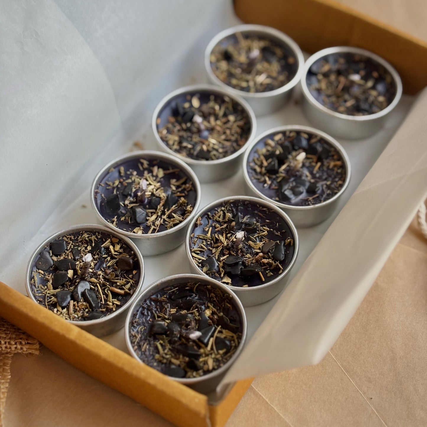 Black Soy Wax Tealight Candle with Thyme & Black Tourmaline